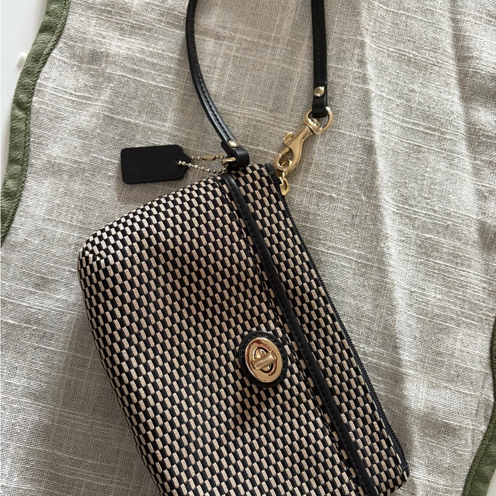 Coach Black and Beige Woven Turn-Lock Wristlet